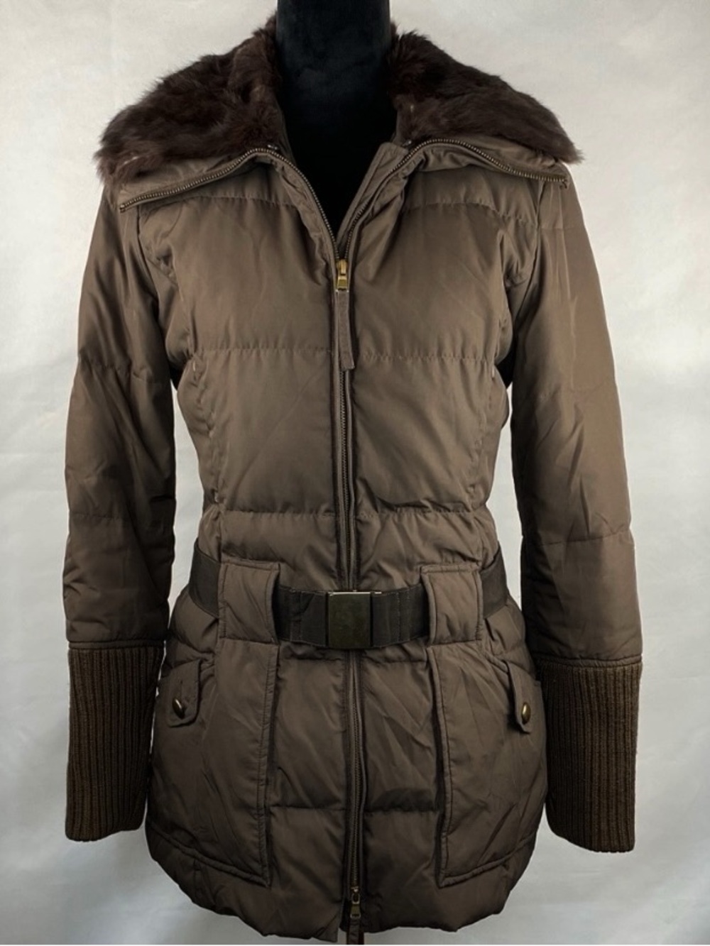Vintage Y2K MAX & Co Goose Down Quilted Puffer Coat w/ Rabbit Fur Collar Belted